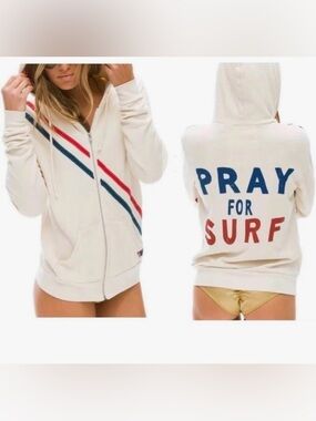 #570 Aviator Nation Vintage Style Zip up Hoodie - Pray for Surf - Sz Lg